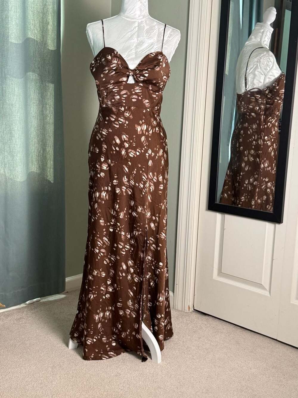 Lily Whyt Size 10 Brown Abstract Maxi Dress Y2K Cutout Bow Fairy Grunge